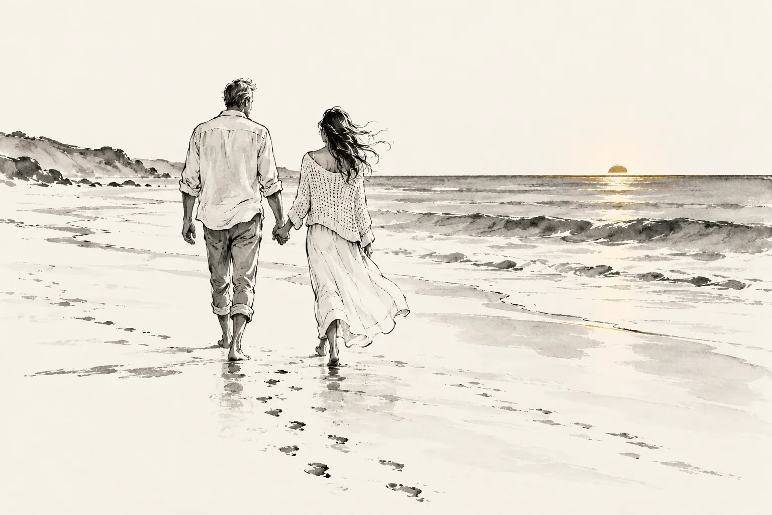 Illustration — evening walk on the shore
