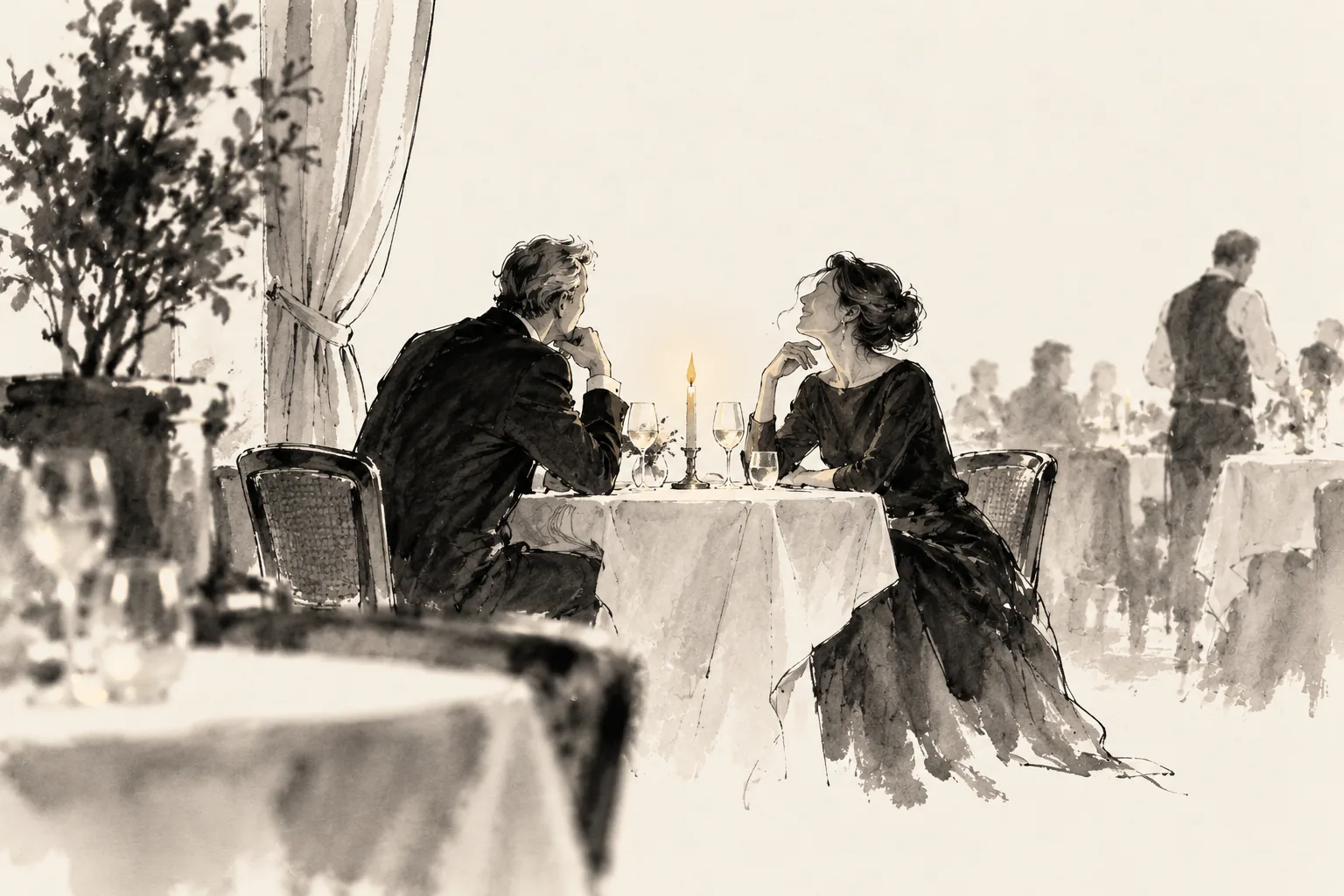 Illustration — a candlelit dinner conversation