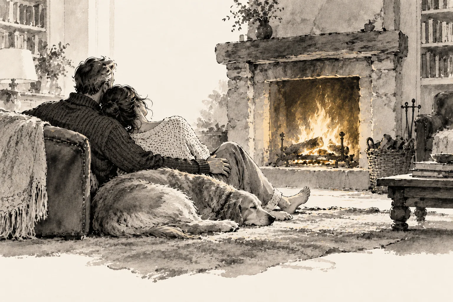 Illustration — a quiet evening by the fire